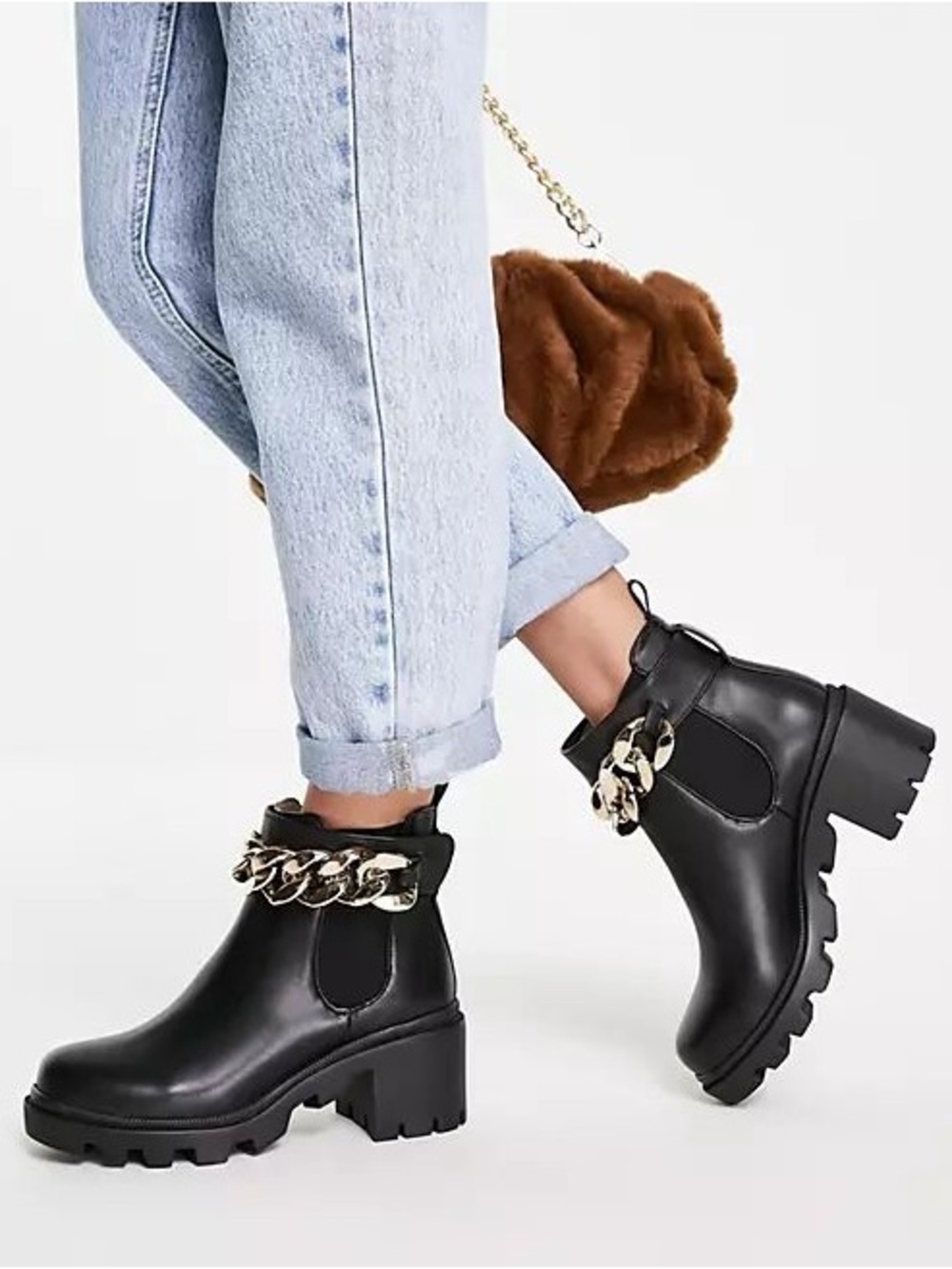 Steve Madden Amulet-C Black Chunky Chain Platform Lug Sole Ankle Boots sz 9.5